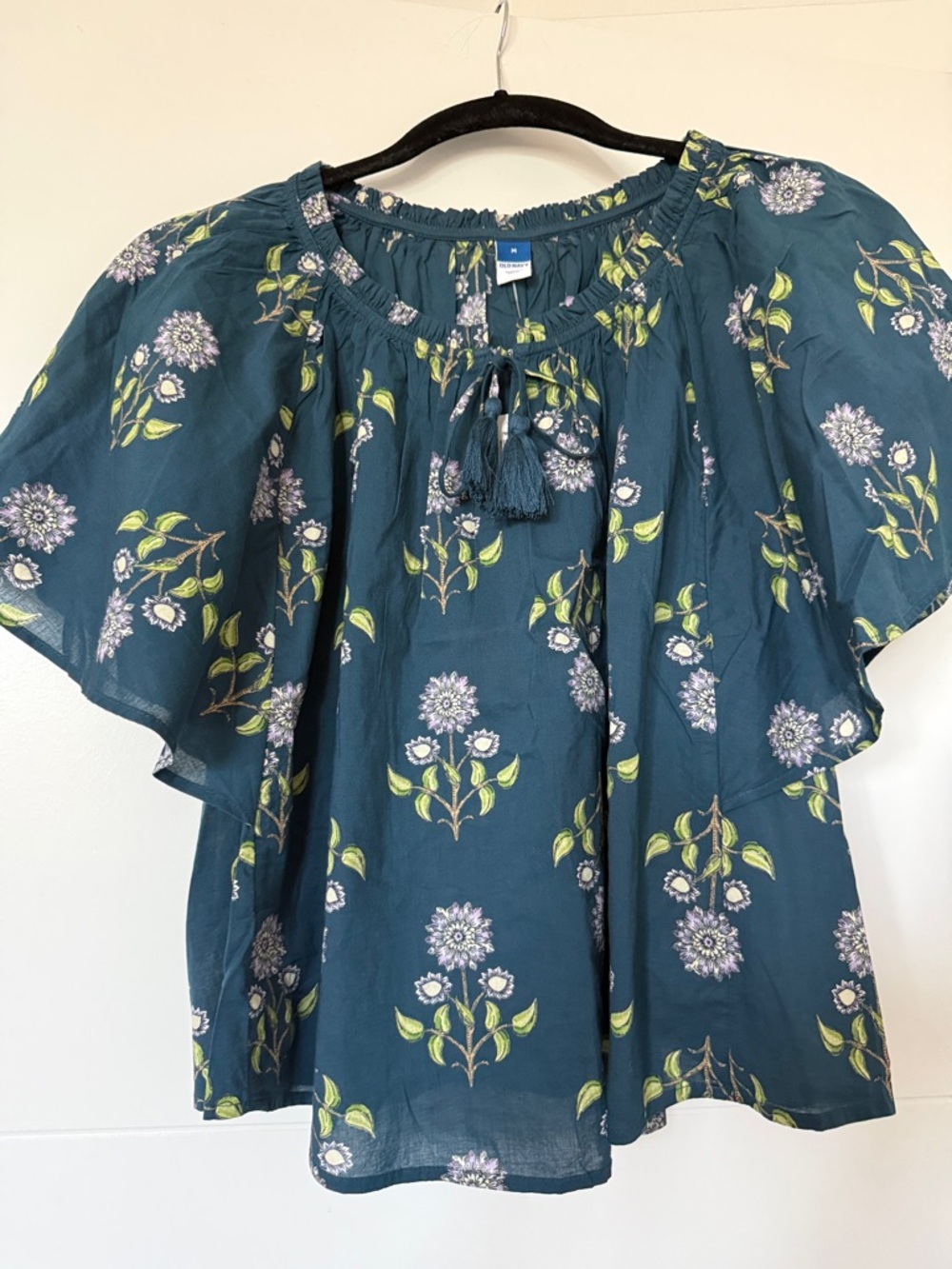 Old Navy Teal Floral Tassel Peasant Top